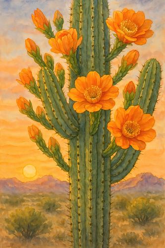 Bloeiende cactus zonsondergang woestijn (AI) (oranje bloem, landschap, natuur, Mexico, vrolijk, pastel, kleurrijk)