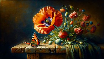 Mohnblumen und Schmetterling auf altem Tisch - Stillleben