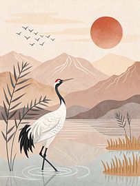 Japanse kraanvogel muurkunst - Minimalistische natuurprint van taufid hidayat