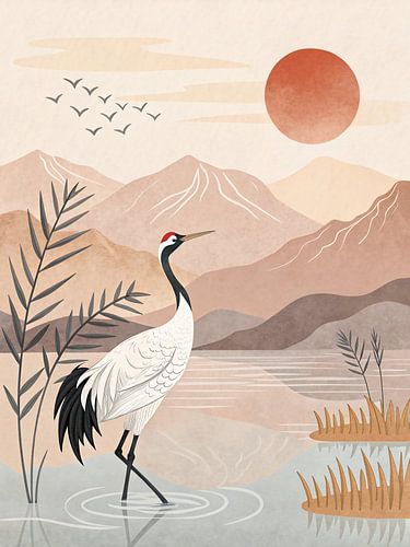 Japanese Crane Wall Art – Minimalist Nature Print