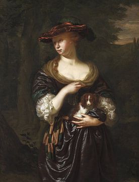 Vrouw met hond in landschap, Jan van Mieris