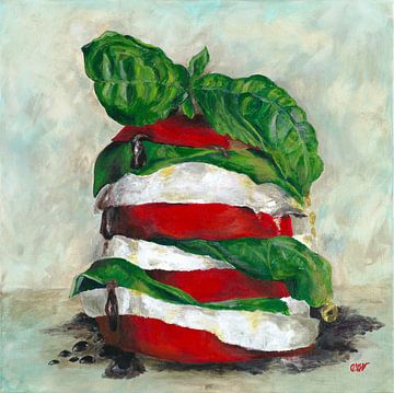 Italiaanse caprese salade geschilderd in acryl van Astridsart