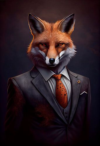 Stately standing portrait of a Fox in a suit