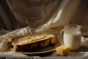 Stilleven met brood, boter en melk van Michal Dunaj