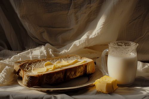 Stilleben mit Brot, Butter und Milch