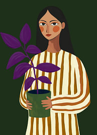 Green Thumbs – modern illustration of a woman and her plant, autumn colours I by Liv ter Riet