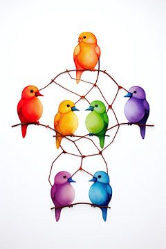 Réseau d'oiseaux colorés sur De Muurdecoratie