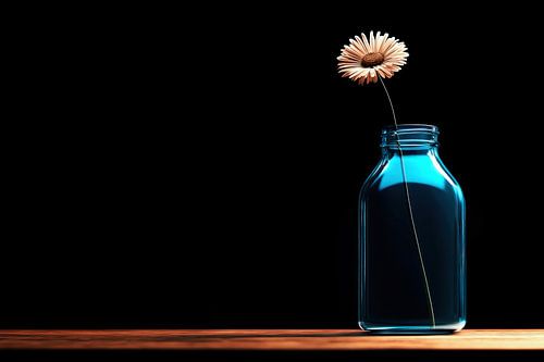 Wit madeliefje in een blauwe glazen fles