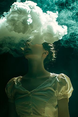 vrouw met hoofd in de wolken