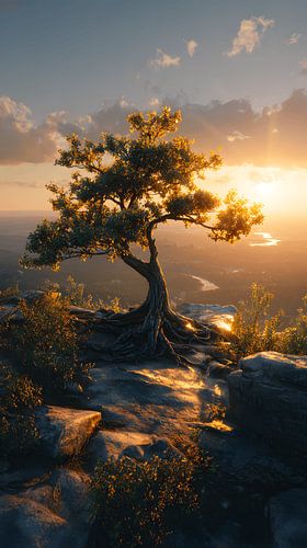 Un chêne au sommet d'une montagne au coucher du soleil
