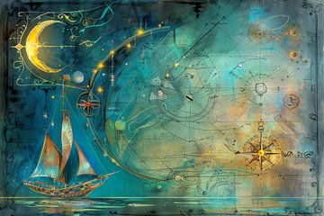 Schilderij met een zeilschip,  diepblauw en turquoise 
