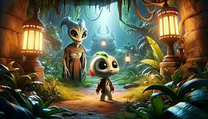 Kleiner Alien erkundet geheimnisvollen Tempelpfad