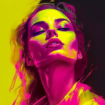 Popart portret Neon Woman II, magenta, neon yellow van René van den Berg