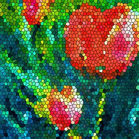 Rode tulpen, Digitaal bewerkt tot gebrandschilderd glas schilderij. van Ineke de Rijk
