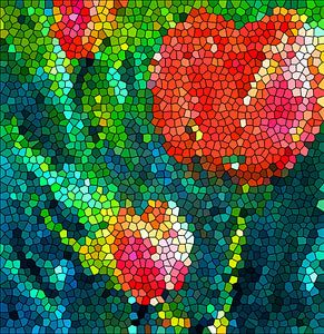 Rote Tulpen, digital bearbeitet als Glasmalerei.