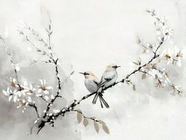 Japandi-Sereen. Birds on branch with blossom -3 by Studio Pieternel