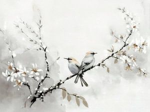 Japandi-Stereen. Vögel auf Zweig mit Blüte -3