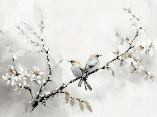 Japandi-Sereen. Birds on branch with blossom -3 by Studio Pieternel