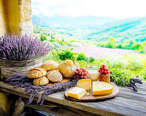 Lavendelpicknick met kaas en brood