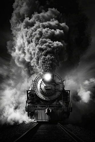 Stomende locomotief in de mist