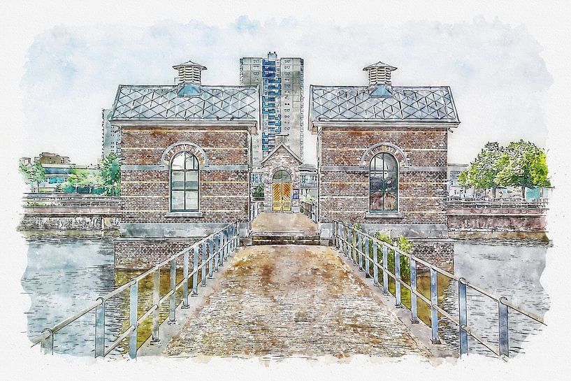 Pumpenhäuser in der Nähe des Wasserbeckens De Esch in Rotterdam (Aquarell) von Art by Jeronimo