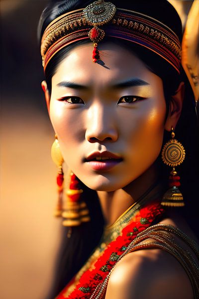 Asian lady III. Ethnic portrait. digital painting of asian tribal lady with earth tone colors by Dreamy Faces