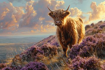 Scottish Highland cattle in heather blossom - Idyllic nature painting for lovers of rural beauty by Felix Brönnimann