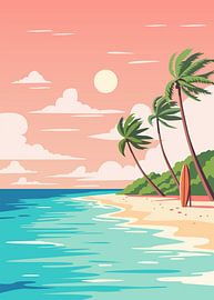 Minimalist flat vector illustration of a tropical beach with palm trees and a surfboard at sunset.