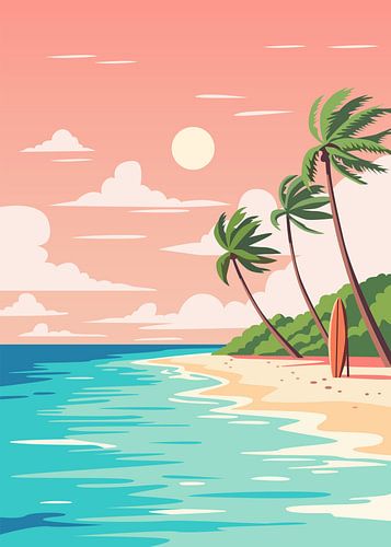 Minimalistische, platte vectorillustratie van een tropisch strand met palmbomen en een surfplank bij zonsondergang.