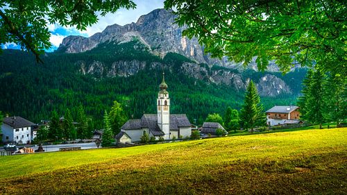 Colfosco Church and Dolomites Mountain Summer Panorama, Italy