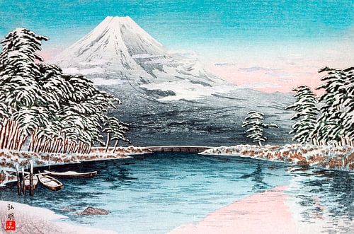 Mt. Fuji vanaf Tagonoura, Sneeuw Scène. Japanse vintage kunst.