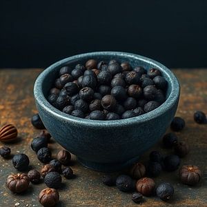 Schwarze Johannisbeeren in Steinschale Stillleben.