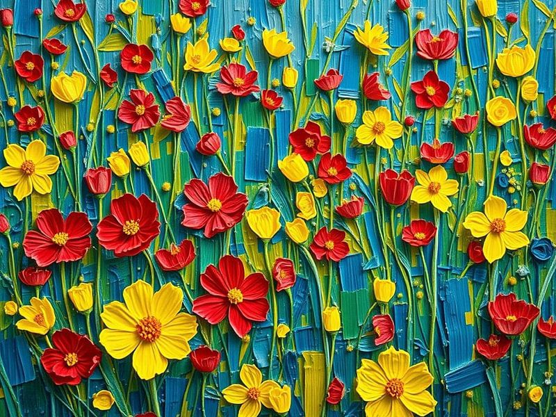 Vibrant Meadow Serenade : Une symphonie texturée de fleurs rouges et jaunes sur un ciel céruléen par Artistic