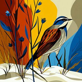 Songbird in colour fields | modern graphic bird art by Karina Brouwer