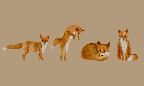 Four Foxes in a Row - Watercolor Illustration
