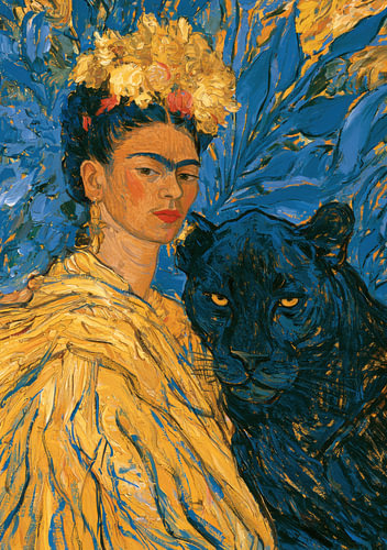 Floral Strength – Frida with a crown of flowers and a black panther