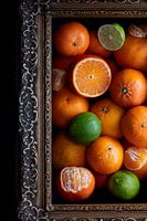 Still life of juicy citrus fruit in an antique painting frame
