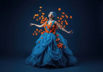 Woman in Blue Dress with Orange Flower Decorations