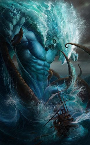 Poseidon, the god of the sea, attacks a sailing ship