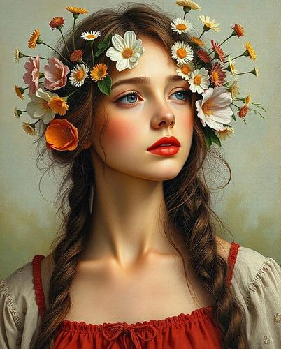 een romantisch vintage portret van een meisje met bloemen.