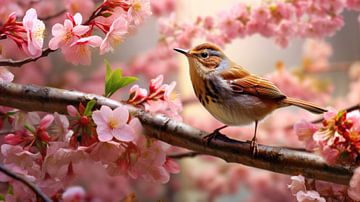 Een vogel te midden van de pracht van de lente's bloemenpracht. van New Visuals