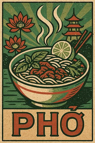 Phở Muurkunst - Vintage Vietnamees voedselillustratie