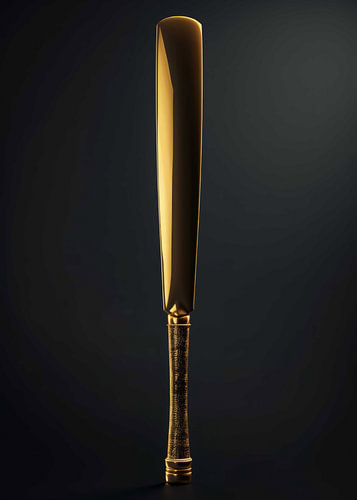 A luxurious golden cricket bat standing upright against a dark background