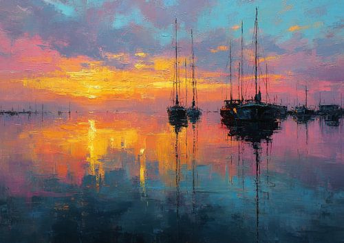 Sunset in the harbour - Oil painting Impressionism