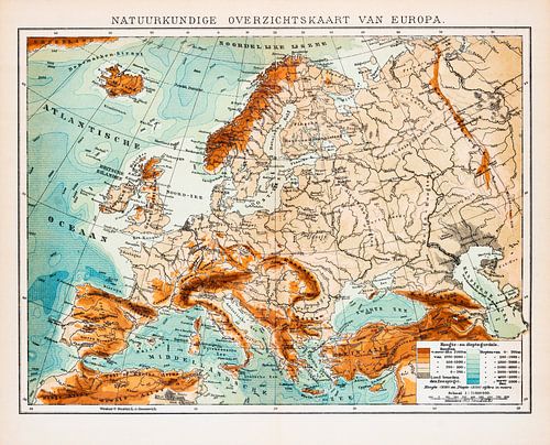 Europa, natuurkundig. Vintage kaart ca. 1900