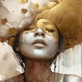 Exuberant autumn portrait in gold and watercolour by Joyce de Jong