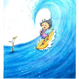 Surfing Girl - Aquarel illustratie voor kinderen van Mayon Middeljans