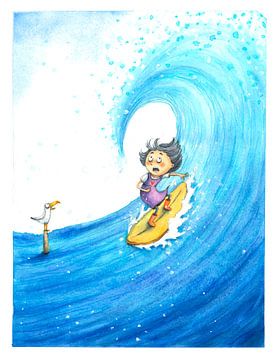 Surfing Girl - Aquarel illustratie voor kinderen
