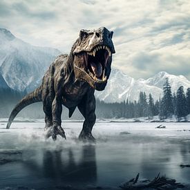 Tyrannosaurus Rex goes alone into the cold lake Ice Age by Animaflora PicsStock