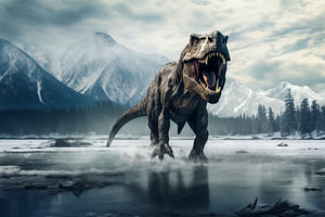 Tyrannosaurus Rex geht allein in den kalten See Eiszeit